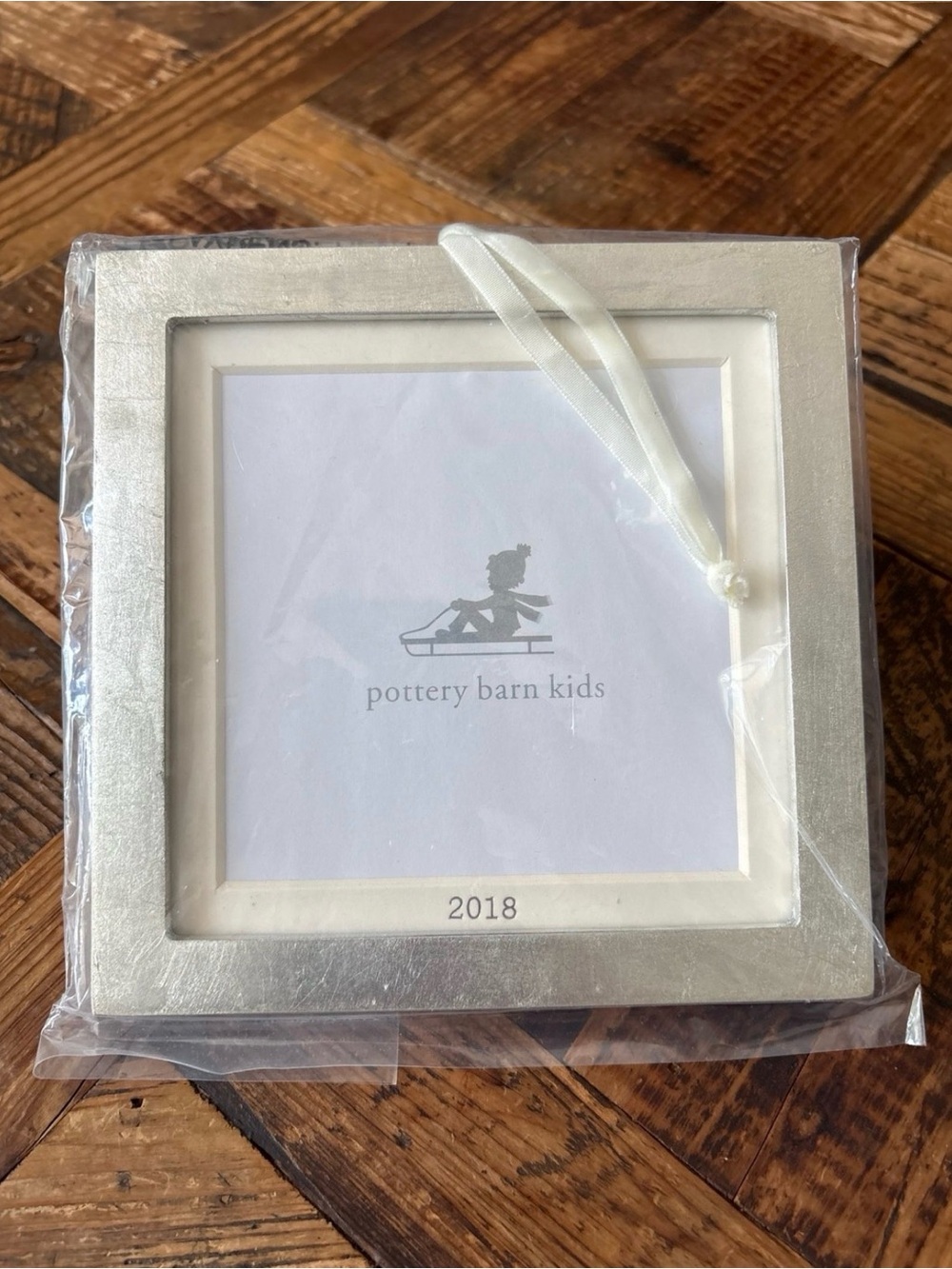 Pottery Barn Kids 3018 Silver Square Photo Frame Ornament with Ivory Ribbon